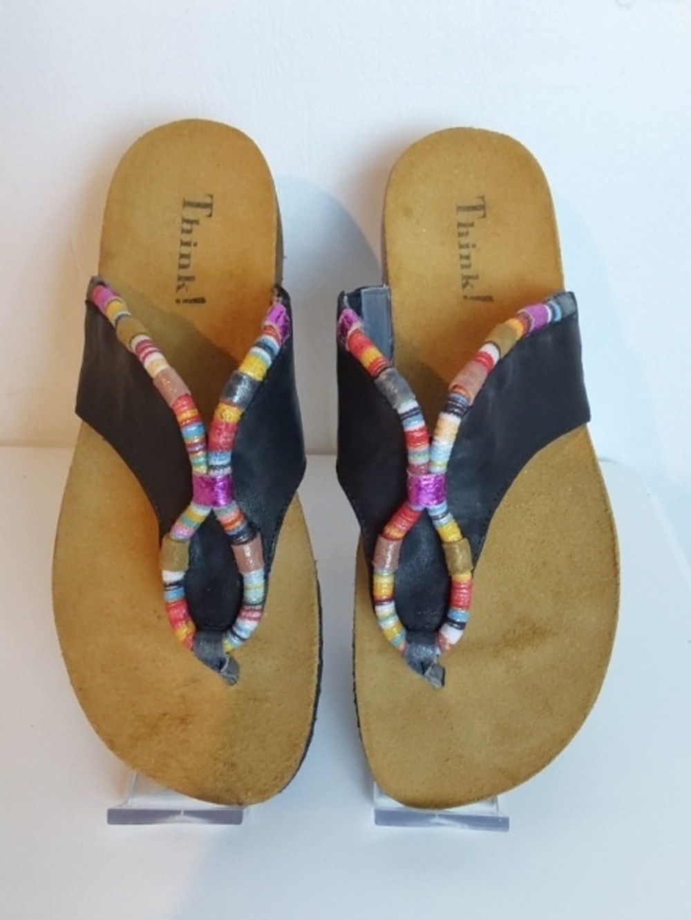 Think! Women's Black Leather Multicolor Beaded Thong Sandals Sz.37